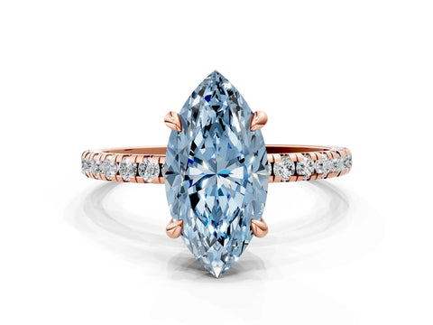 Rose gold Fancy Blue Marquise Cut Diamond Brilliant Solitaire Ring with Pavé Band and Four-Prong Setting