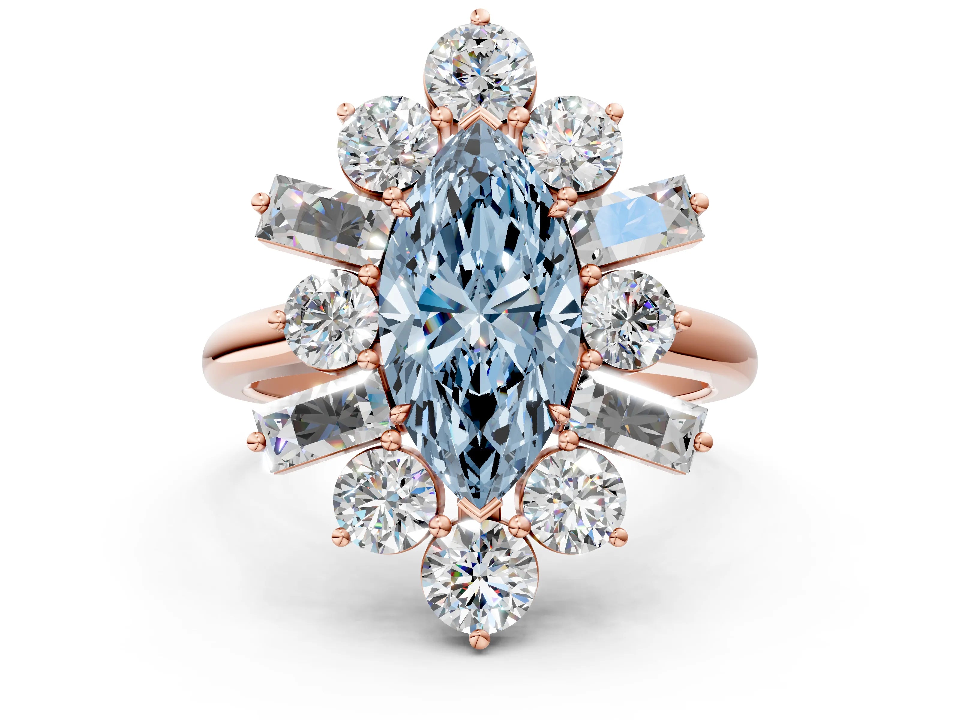 Rose gold Fancy Blue Marquise Cut Diamond Cluster Ring with Round and Baguette Stones, Split Shank Band, Prong Setting