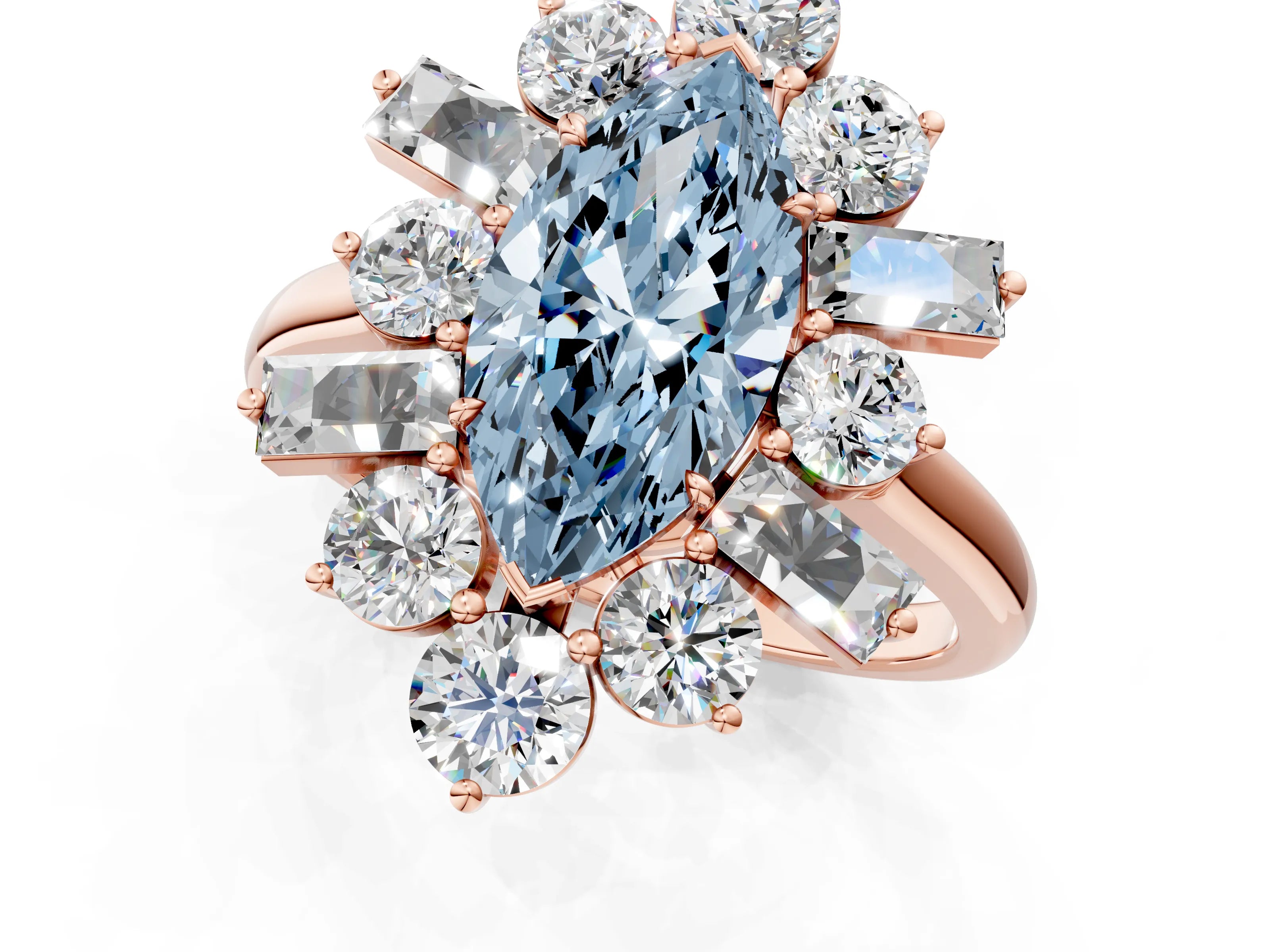 Rose gold Fancy Blue Marquise Cut Diamond Cluster Ring with Round and Baguette Stones, Split Shank Band, Prong Setting_1