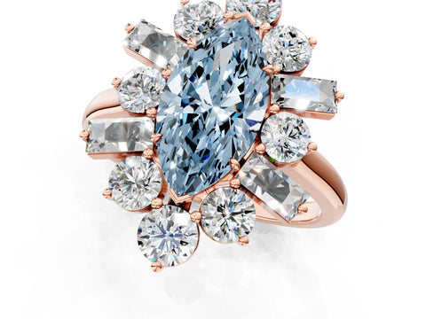 Rose gold Fancy Blue Marquise Cut Diamond Cluster Ring with Round and Baguette Stones, Split Shank Band, Prong Setting_1