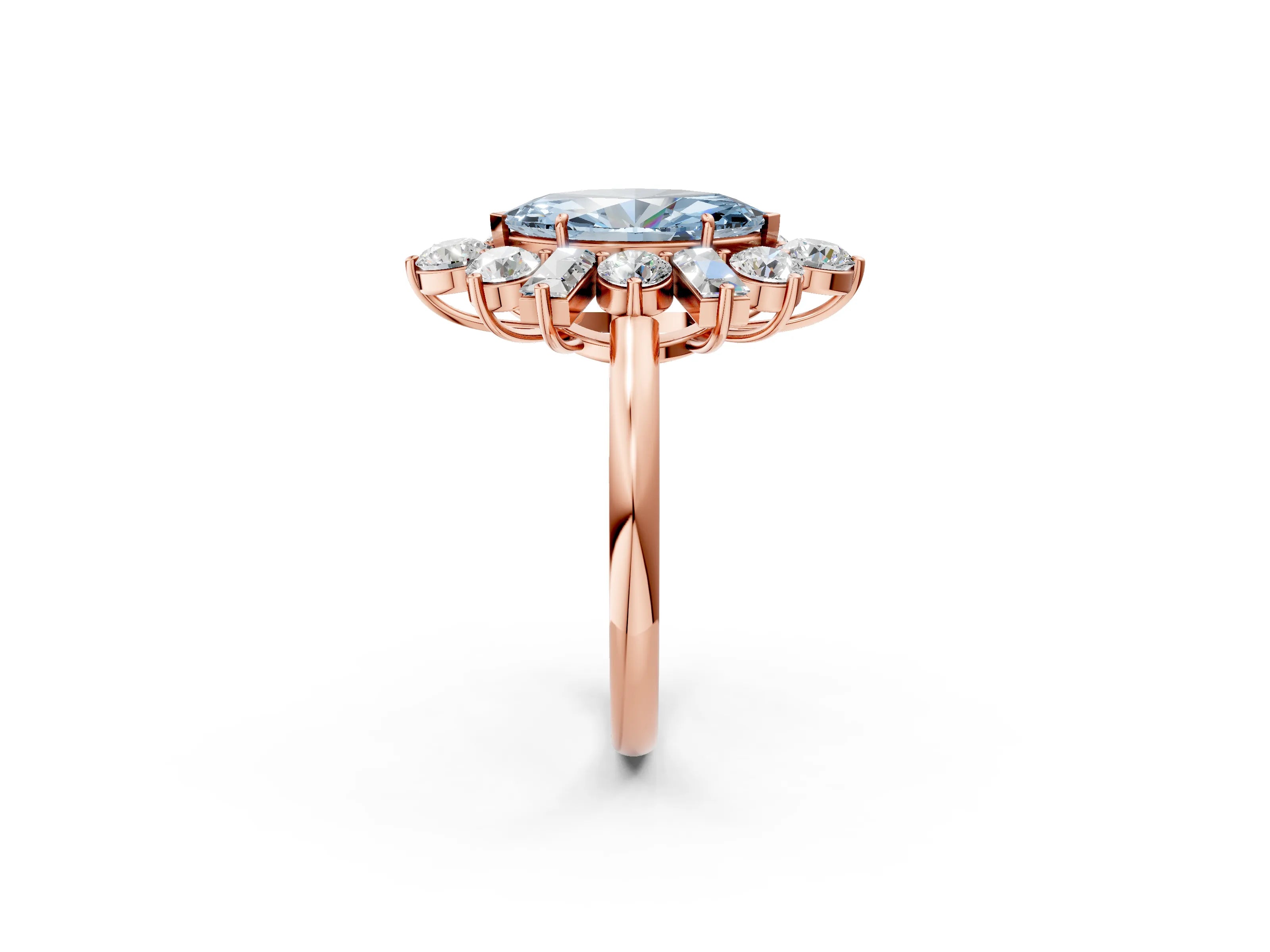 Rose gold Fancy Blue Marquise Cut Diamond Cluster Ring with Round and Baguette Stones, Split Shank Band, Prong Setting_2