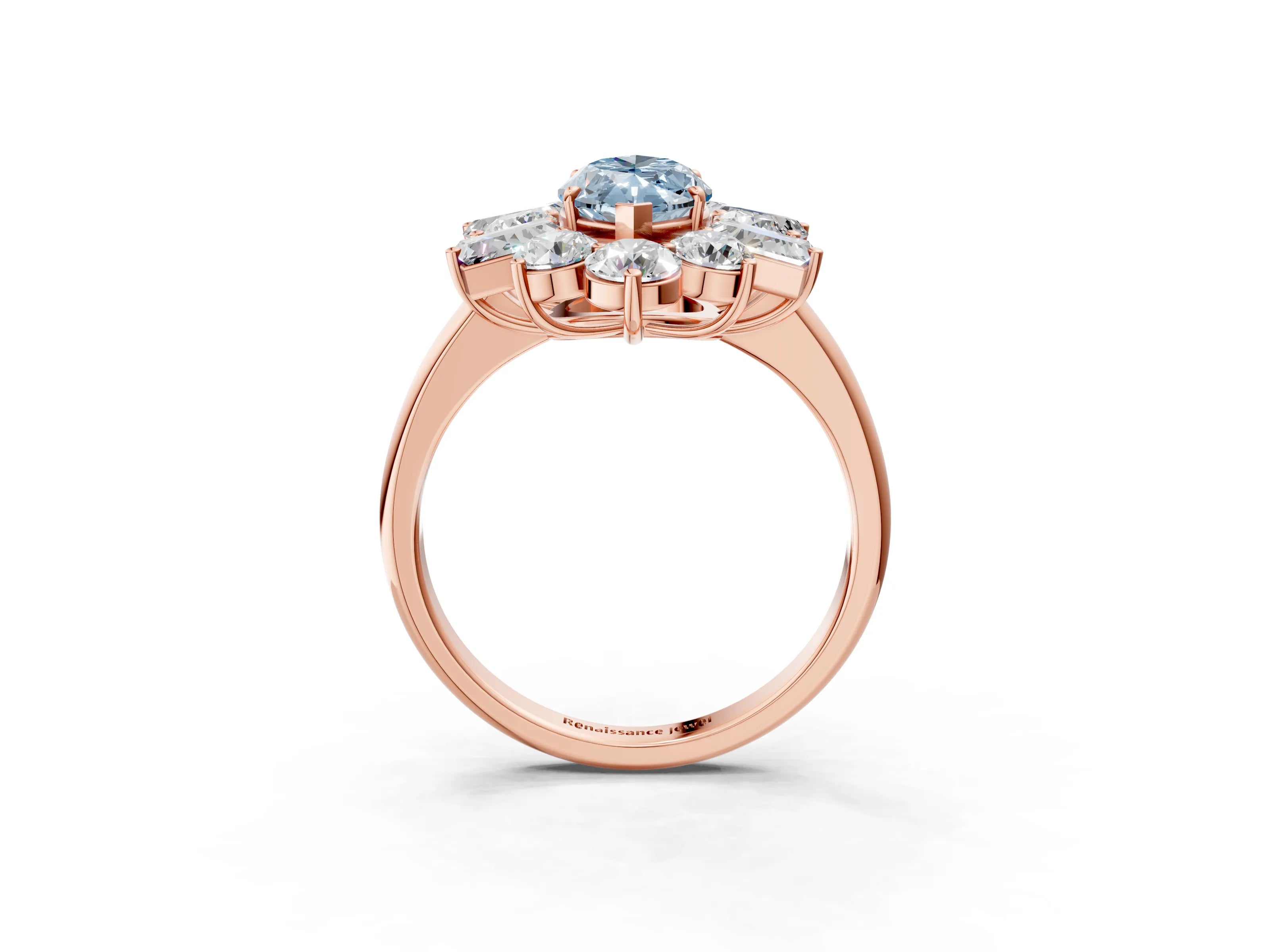 Rose gold Fancy Blue Marquise Cut Diamond Cluster Ring with Round and Baguette Stones, Split Shank Band, Prong Setting_3