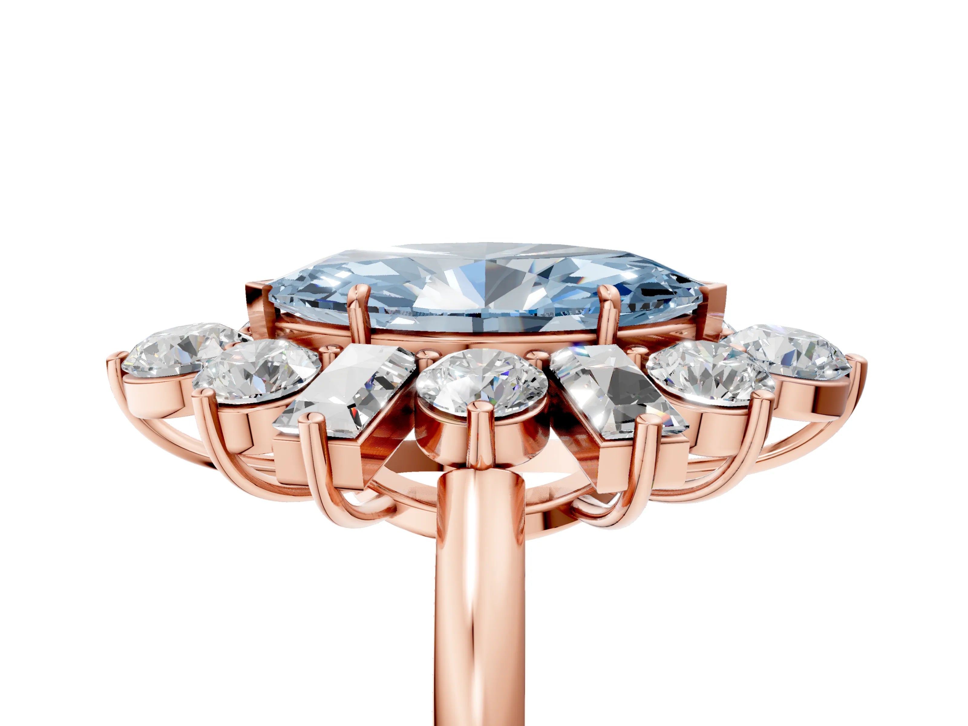 Rose gold Fancy Blue Marquise Cut Diamond Cluster Ring with Round and Baguette Stones, Split Shank Band, Prong Setting_5