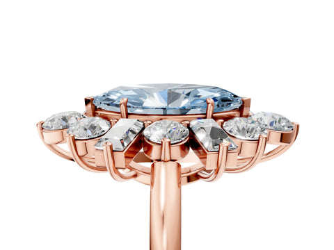 Rose gold Fancy Blue Marquise Cut Diamond Cluster Ring with Round and Baguette Stones, Split Shank Band, Prong Setting_5