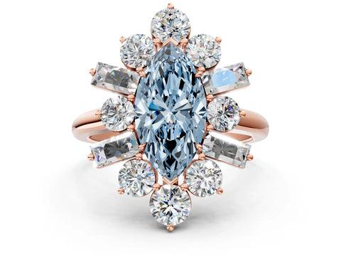 Rose gold Fancy Blue Marquise Cut Diamond Cluster Ring with Round and Baguette Stones, Split Shank Band, Prong Setting