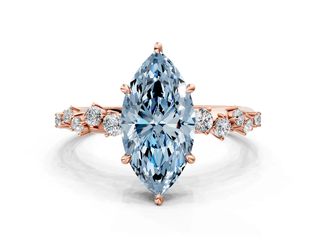 Rose gold Fancy Blue Marquise Cut Diamond Cluster Side Stone Solitaire Ring with Prong Setting_73