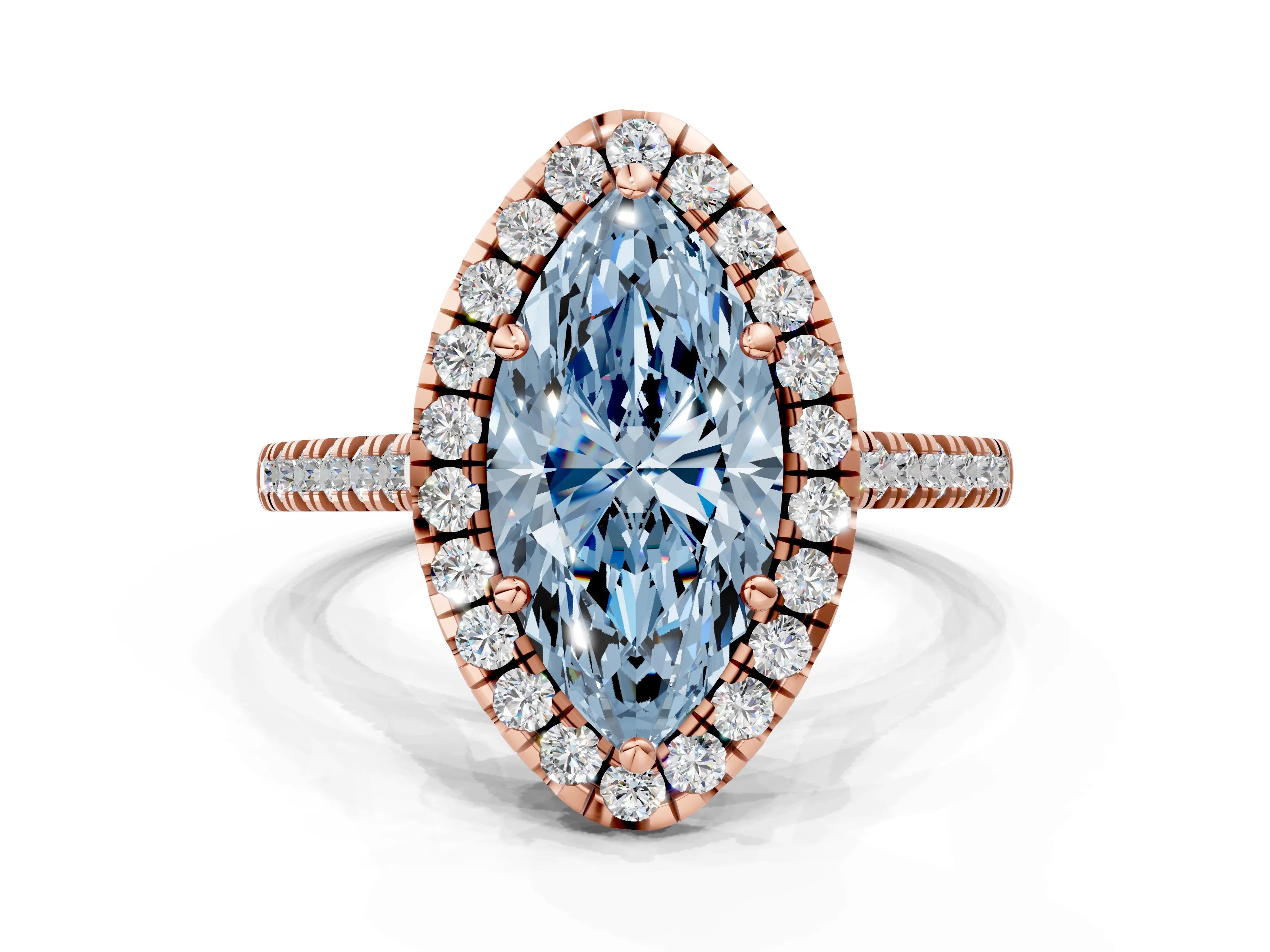 Rose gold Fancy Blue Marquise Cut Diamond Cushion Halo Ring with Pavé Band