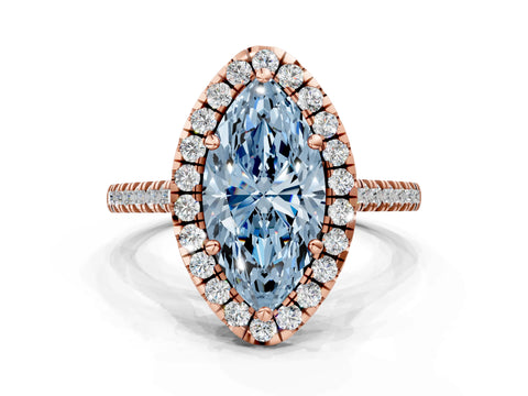 Rose gold Fancy Blue Marquise Cut Diamond Cushion Halo Ring with Pavé Band