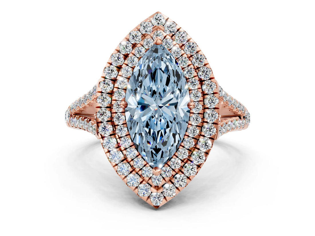 Rose gold Fancy Blue Marquise Cut Diamond Double Halo Ring with Pavé Band and Prong Setting_71