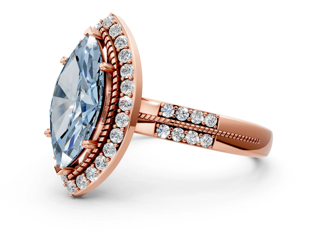 Rose gold Fancy Blue Marquise Cut Diamond Double Halo Ring with Split Shank and Four-Prong Setting