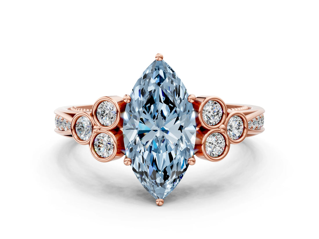 Rose gold Fancy Blue Marquise  Cut Diamond Engagement Ring with Bezel Set Round Side Stones and Prong Setting_51