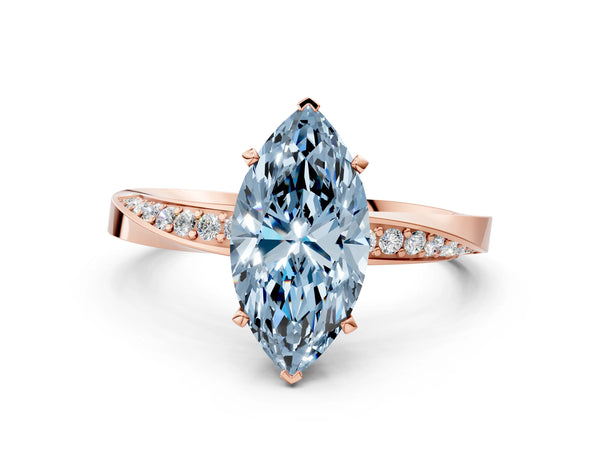 Rose gold Fancy Blue Marquise Cut Diamond Engagement Ring with Side Stone Accents and Four-Prong Setting