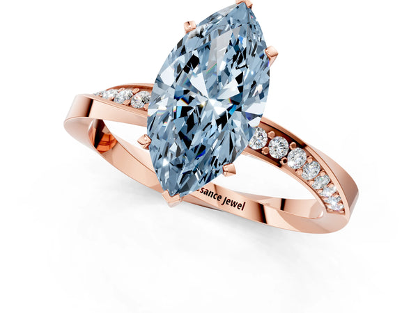 Rose gold Fancy Blue Marquise Cut Diamond Engagement Ring with Side Stone Accents and Four-Prong Setting