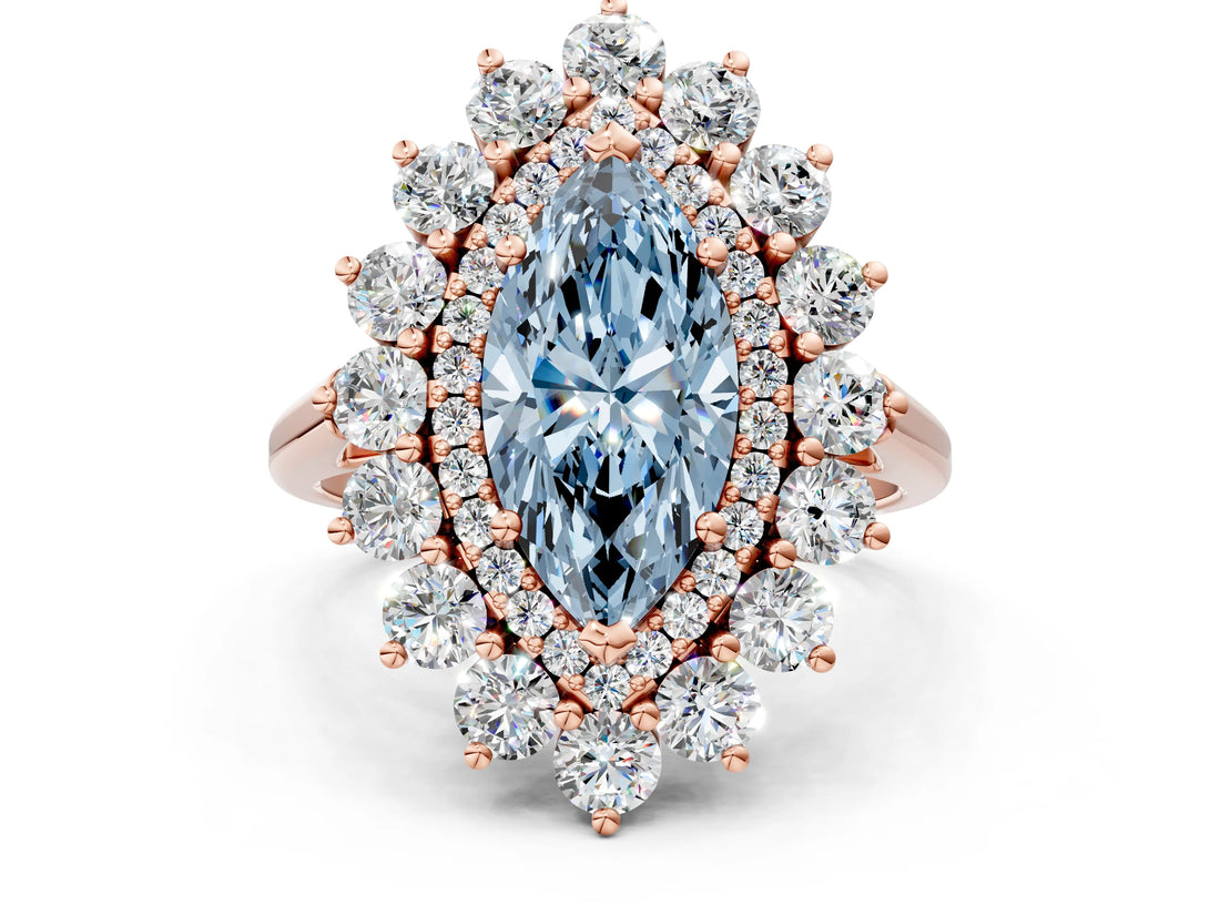 Rose gold Fancy Blue Marquise Cut Diamond Floral Double Halo Engagement Ring with Prong Setting_26