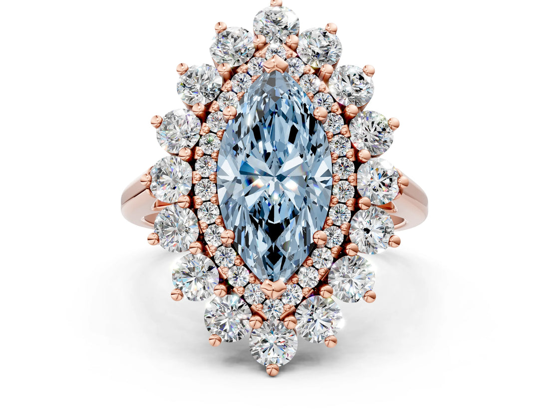 Rose gold Fancy Blue Marquise Cut Diamond Floral Double Halo Engagement Ring with Prong Setting_62
