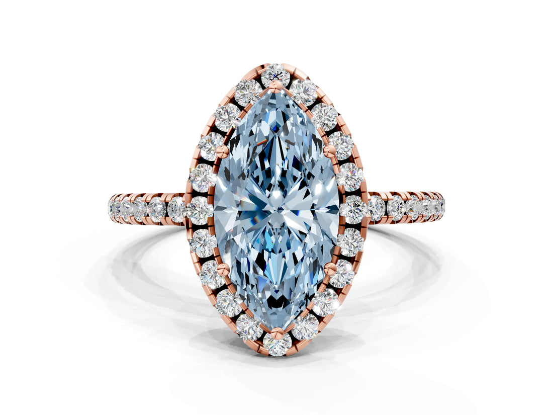 Rose gold Fancy Blue Marquise  Cut Diamond Floral Halo Engagement Ring with Pavé Band and Prong Setting_36