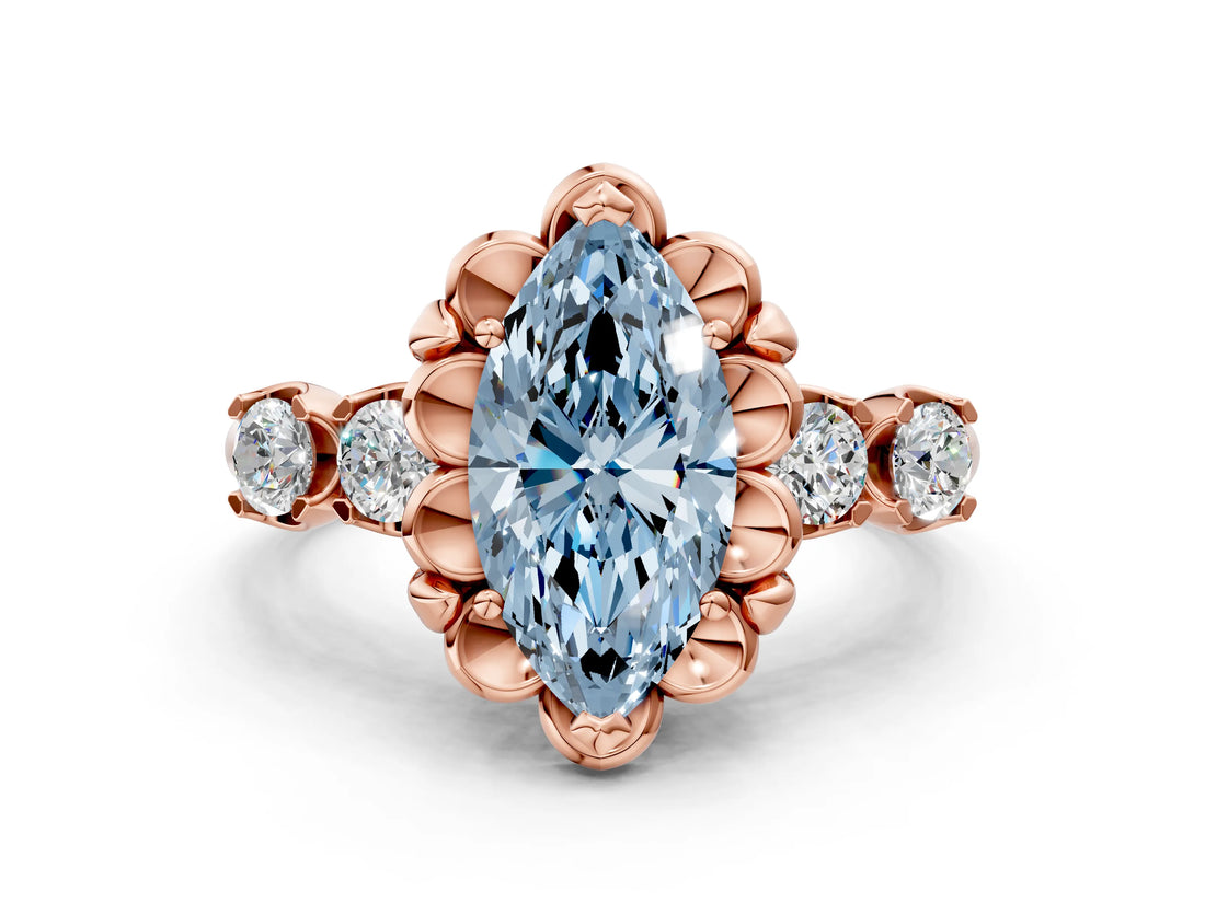 Rose gold Fancy Blue Marquise  Cut Diamond Floral Halo Engagement Ring with Shared Prong Setting