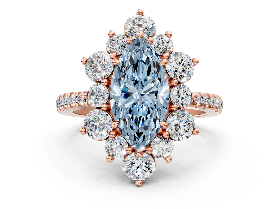 Rose gold Fancy Blue Marquise  Cut Diamond Floral Halo Pave Band with Prong Setting_37