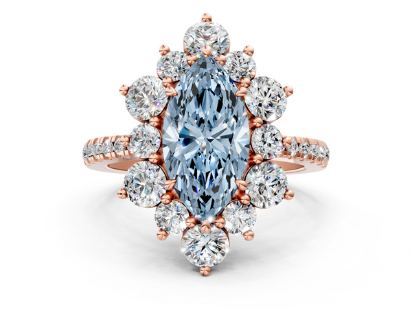 Rose gold Fancy Blue Marquise  Cut Diamond Floral Halo Pave Band with Prong Setting