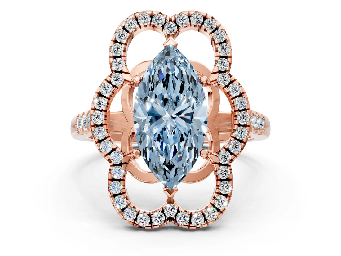 Rose gold Fancy Blue Marquise Cut Diamond Floral Halo Split Shank Prong Setting Ring