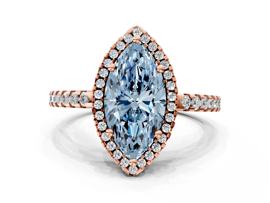 Rose gold Fancy Blue Marquise Cut Diamond Halo Engagement Ring with Pavé Band and Prong Setting_27