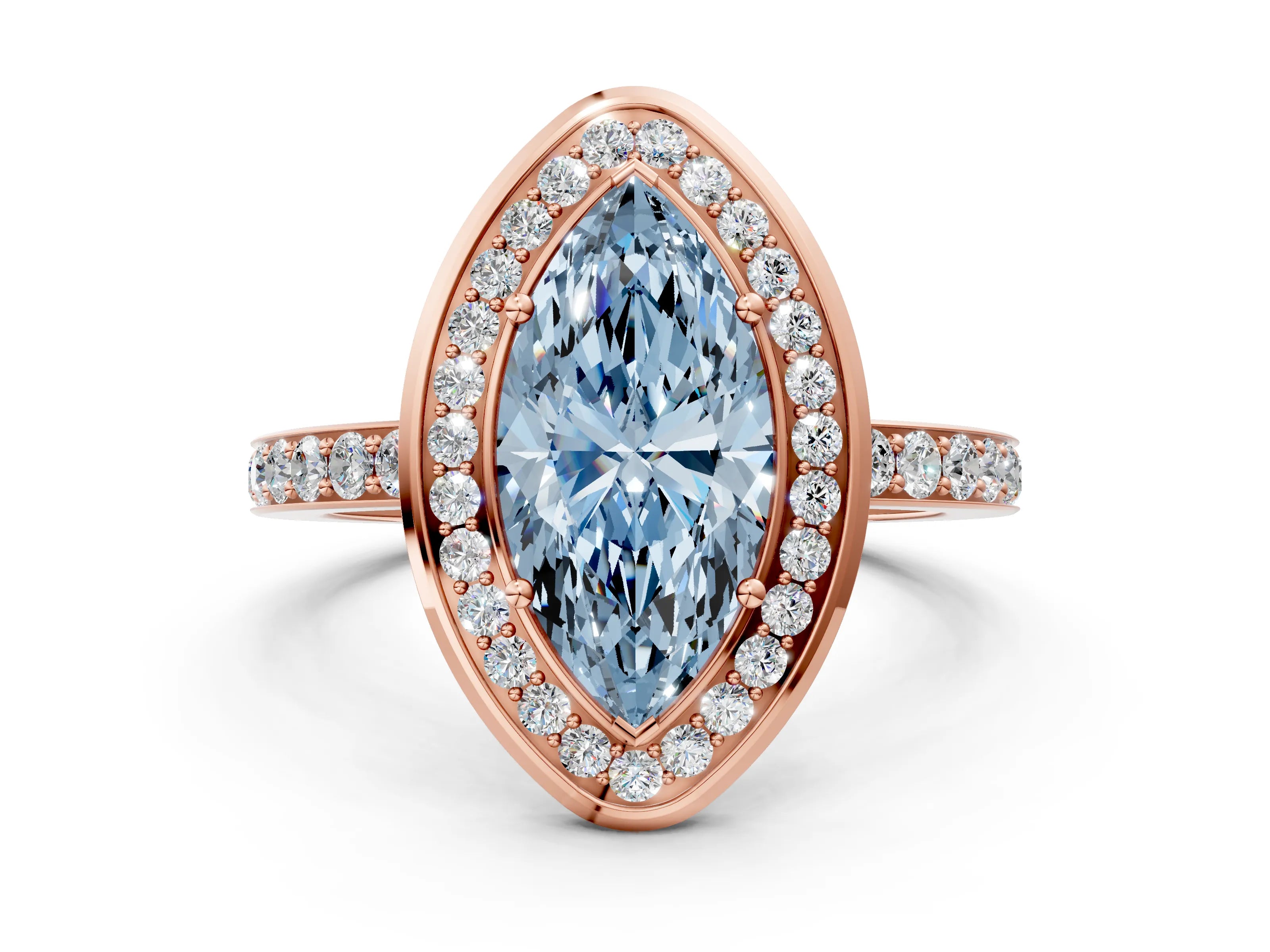 Rose gold Fancy Blue Marquise Cut Diamond Halo Ring with Bezel Frame and Pavé Band