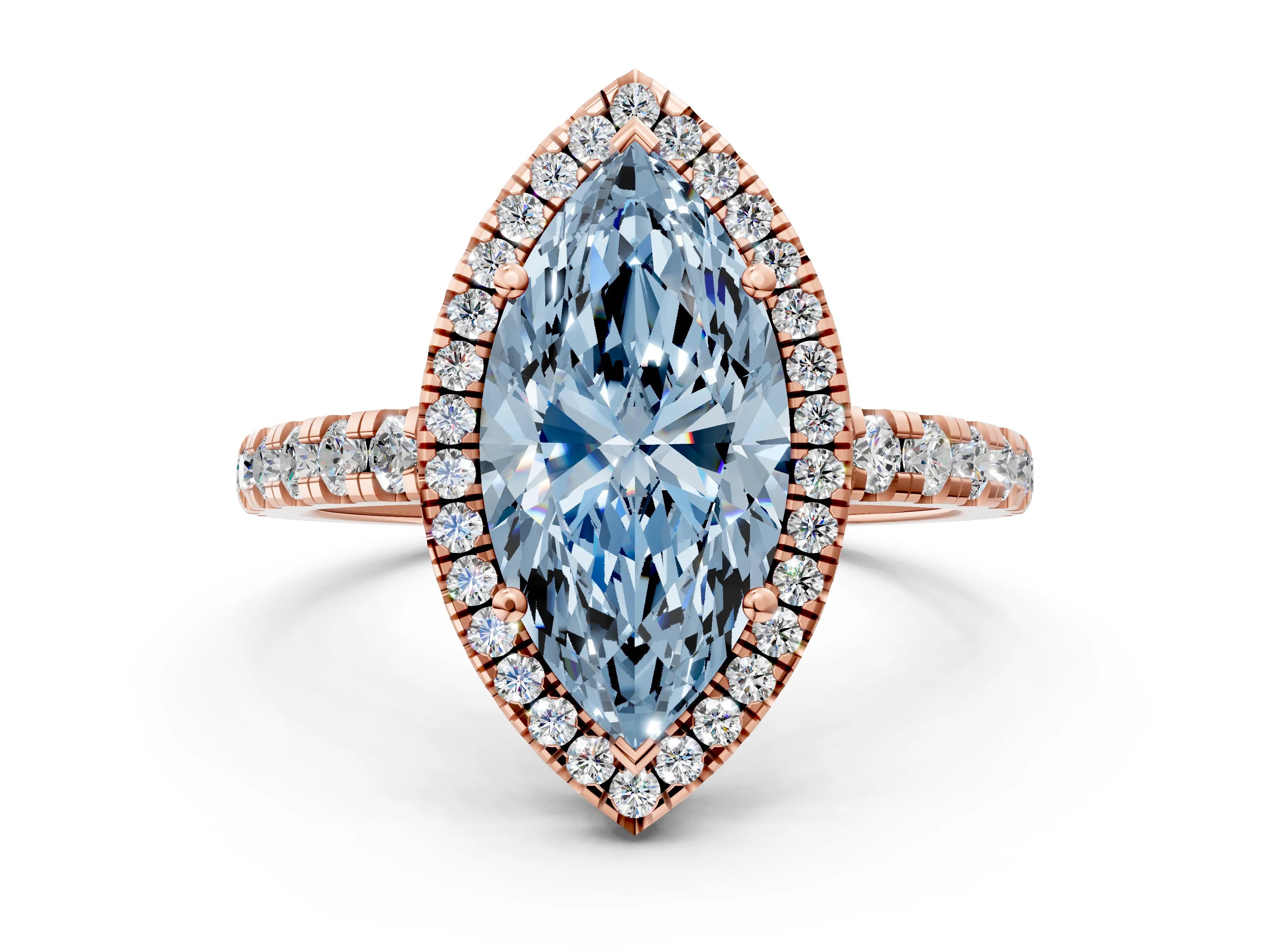 Rose gold Fancy Blue Marquise Cut Diamond Halo Ring with Pavé Band and Four-Prong Setting