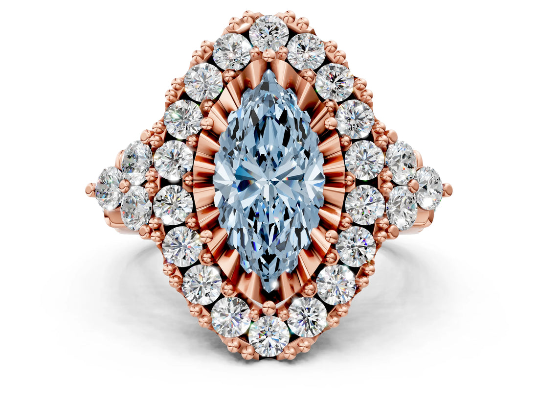 Rose gold Fancy Blue Marquise Cut Diamond Halo Ring with Pavé Band and Four-Prong Setting_57