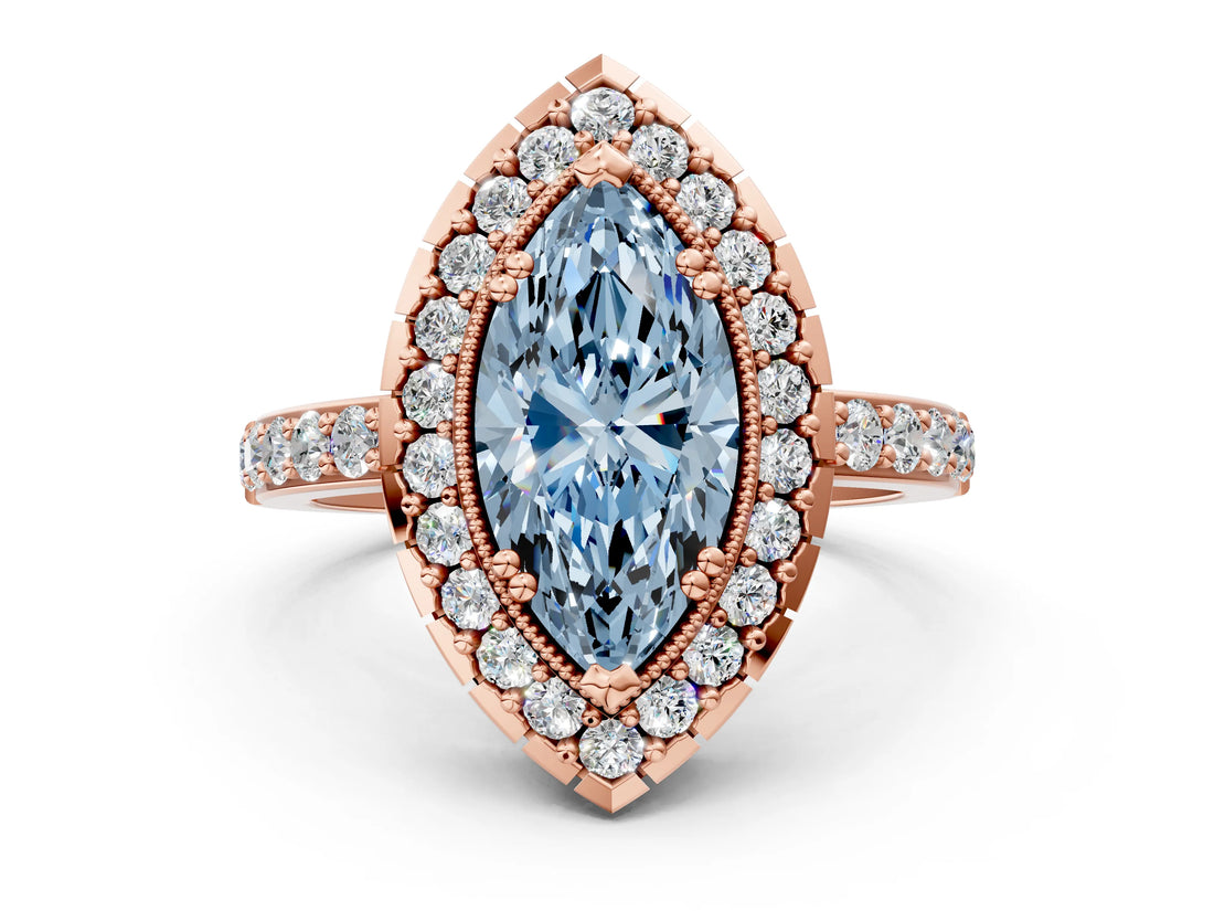 Rose gold Fancy Blue Marquise Cut Diamond Halo Ring with Pavé Band and Prong Setting_12