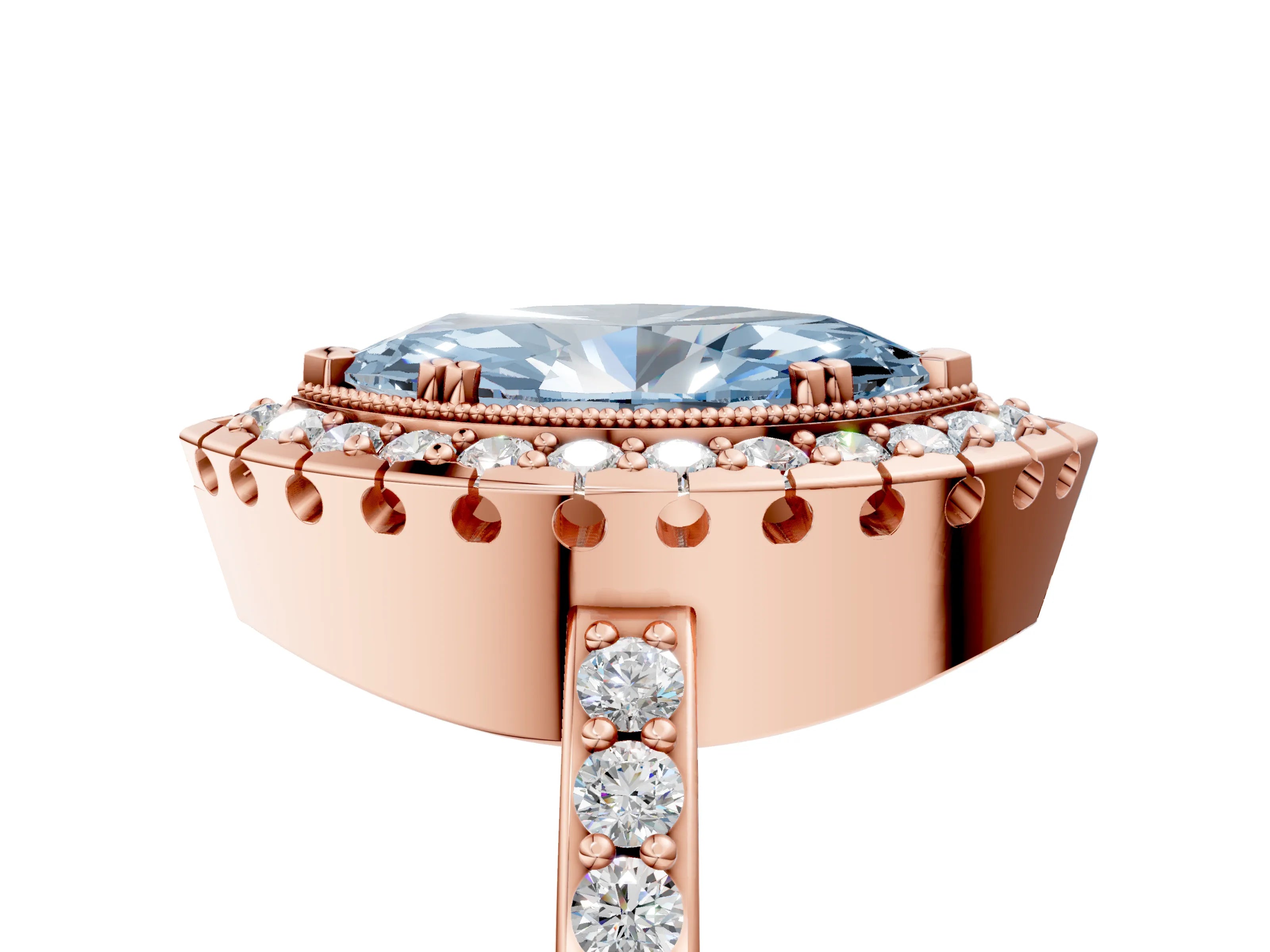 Rose gold Fancy Blue Marquise Cut Diamond Halo Ring with Pavé Band and Prong Setting_29