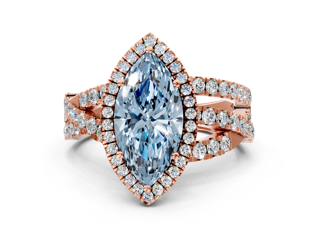 Rose gold Fancy Blue Marquise Cut Diamond Halo Ring with Round Split Shank and Prong Setting_36