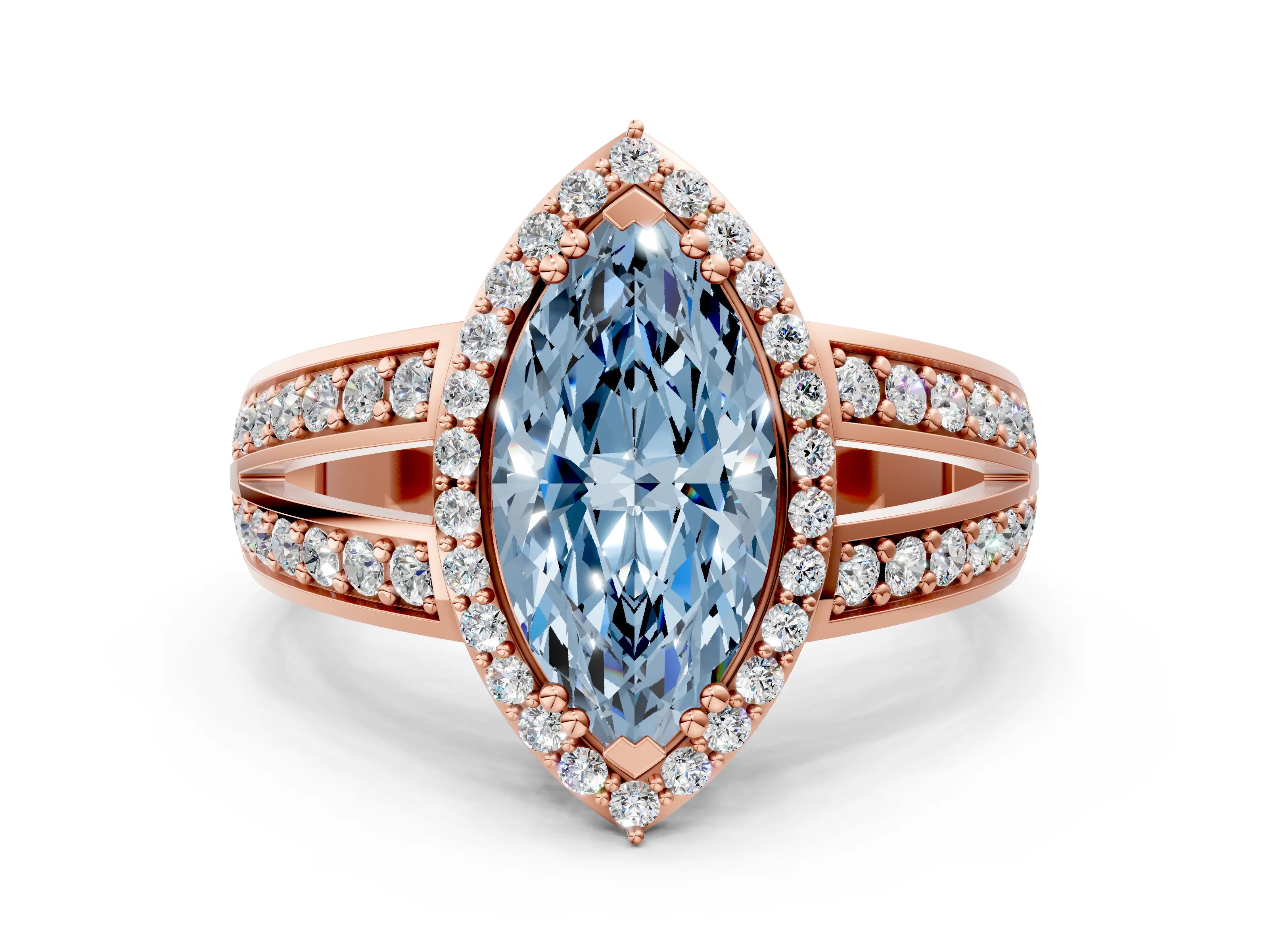 Rose gold Fancy Blue Marquise Cut Diamond Halo Ring with Split Shank Pavé Band and Four-Prong Setting