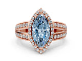 Rose gold Fancy Blue Marquise Cut Diamond Halo Ring with Split Shank Pavé Band and Four-Prong Setting