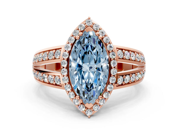 Rose gold Fancy Blue Marquise Cut Diamond Halo Ring with Split Shank Pavé Band and Four-Prong Setting
