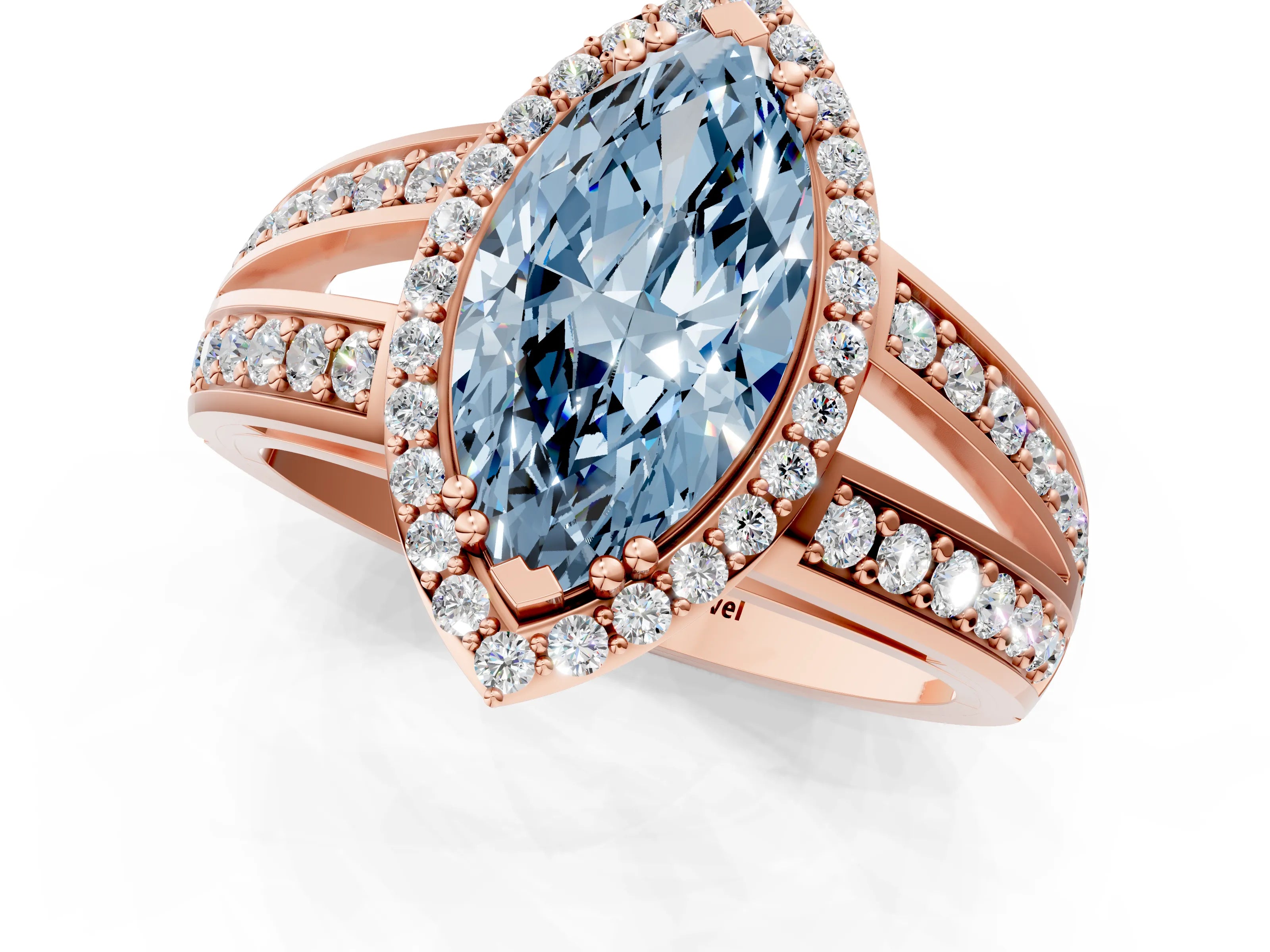 Rose gold Fancy Blue Marquise Cut Diamond Halo Ring with Split Shank Pavé Band and Four-Prong Setting_1
