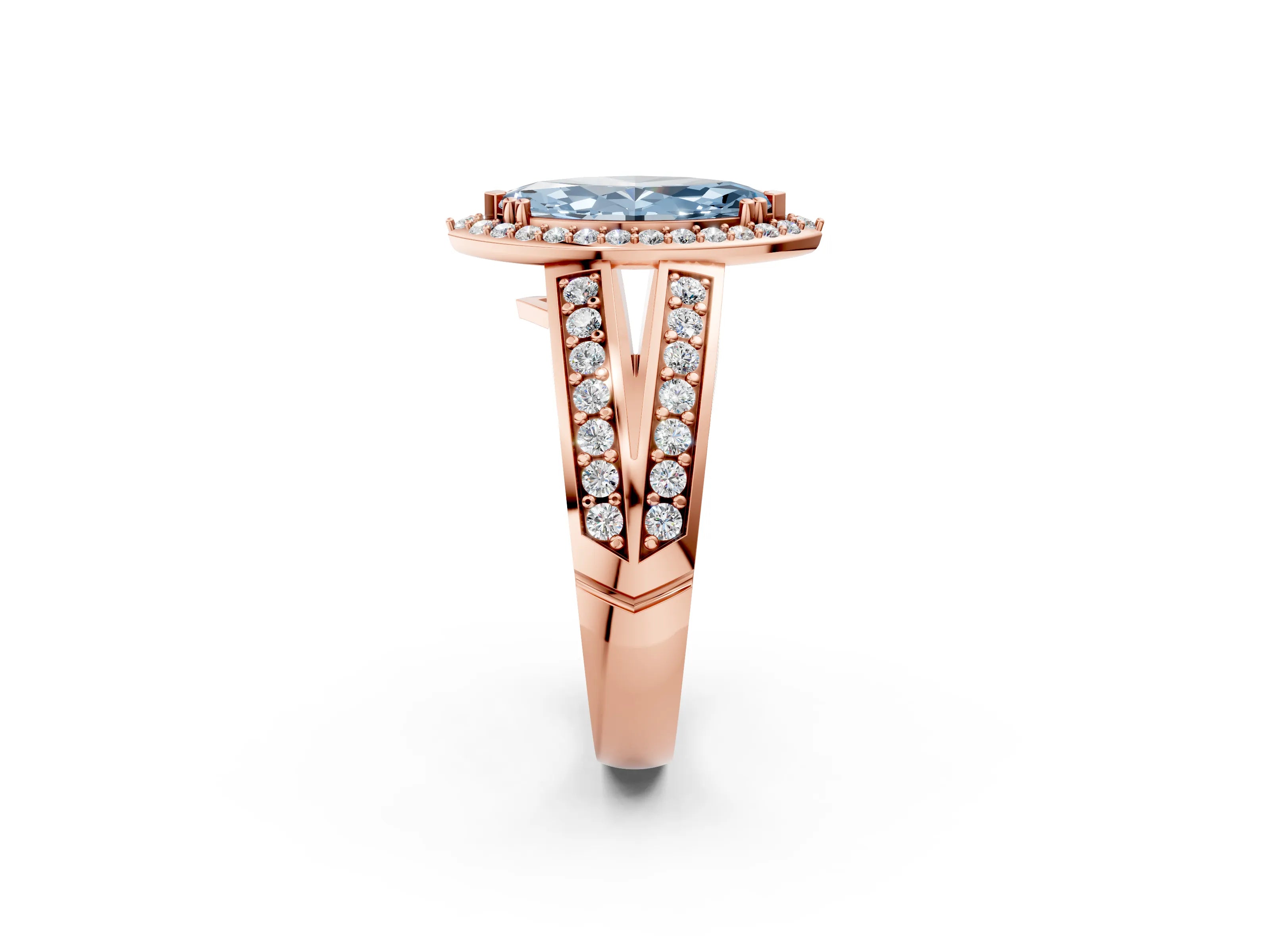 Rose gold Fancy Blue Marquise Cut Diamond Halo Ring with Split Shank Pavé Band and Four-Prong Setting_2