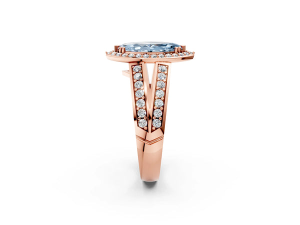 Rose gold Fancy Blue Marquise Cut Diamond Halo Ring with Split Shank Pavé Band and Four-Prong Setting