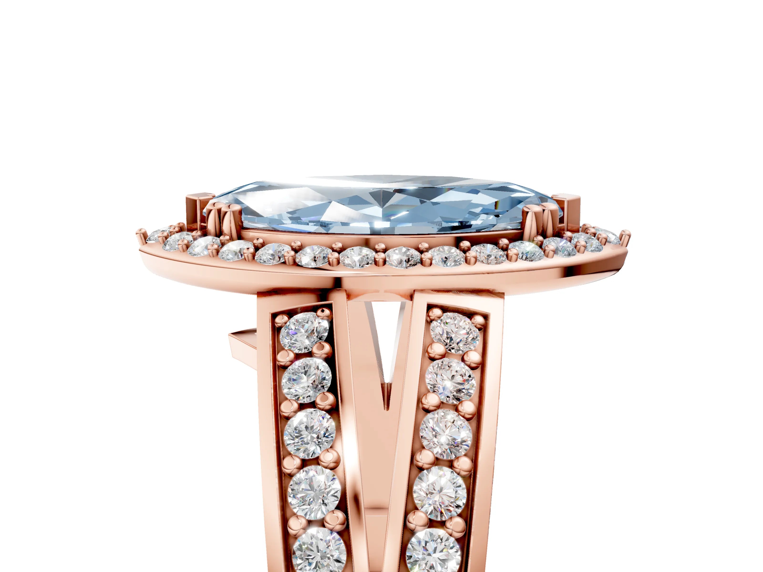 Rose gold Fancy Blue Marquise Cut Diamond Halo Ring with Split Shank Pavé Band and Four-Prong Setting_5