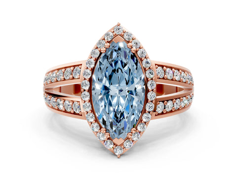 Rose gold Fancy Blue Marquise Cut Diamond Halo Ring with Split Shank Pavé Band and Four-Prong Setting