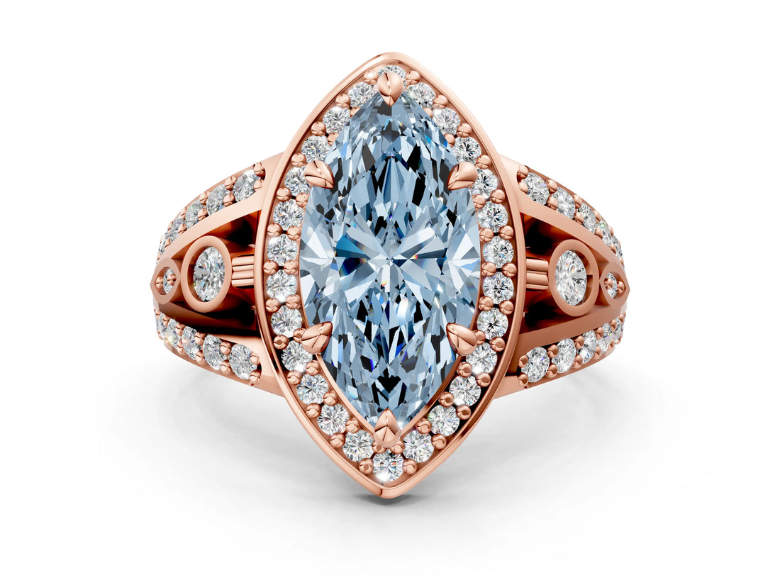 Rose gold Fancy Blue Marquise Cut Diamond Halo Ring with Split Shank and Bezel Accents and Four-Prong Setting