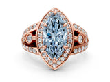 Rose gold Fancy Blue Marquise Cut Diamond Halo Ring with Split Shank and Bezel Accents and Four-Prong Setting