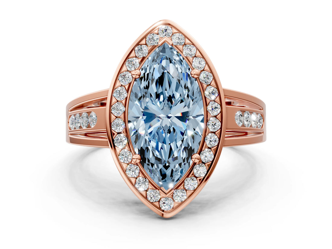 Rose gold Fancy Blue Marquise Cut Diamond Halo Ring with Split Shank and Bezel Accents and Prong Setting