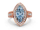 Rose gold Fancy Blue Marquise Cut Diamond Halo Ring with Split Shank and Bezel Accents and Prong Setting