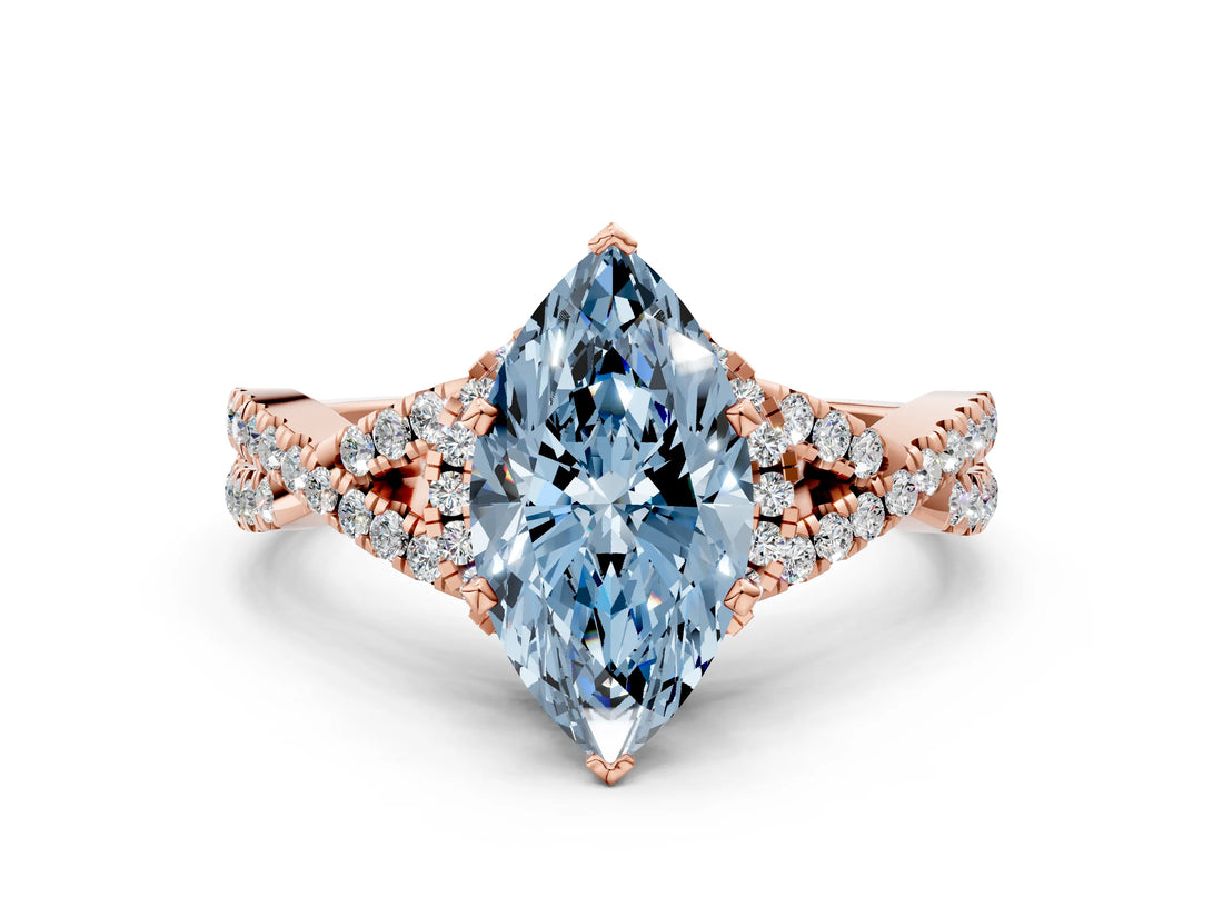 Rose gold Fancy Blue Marquise Cut Diamond  Halo Twist Band Solitaire Prong Setting Ring_42