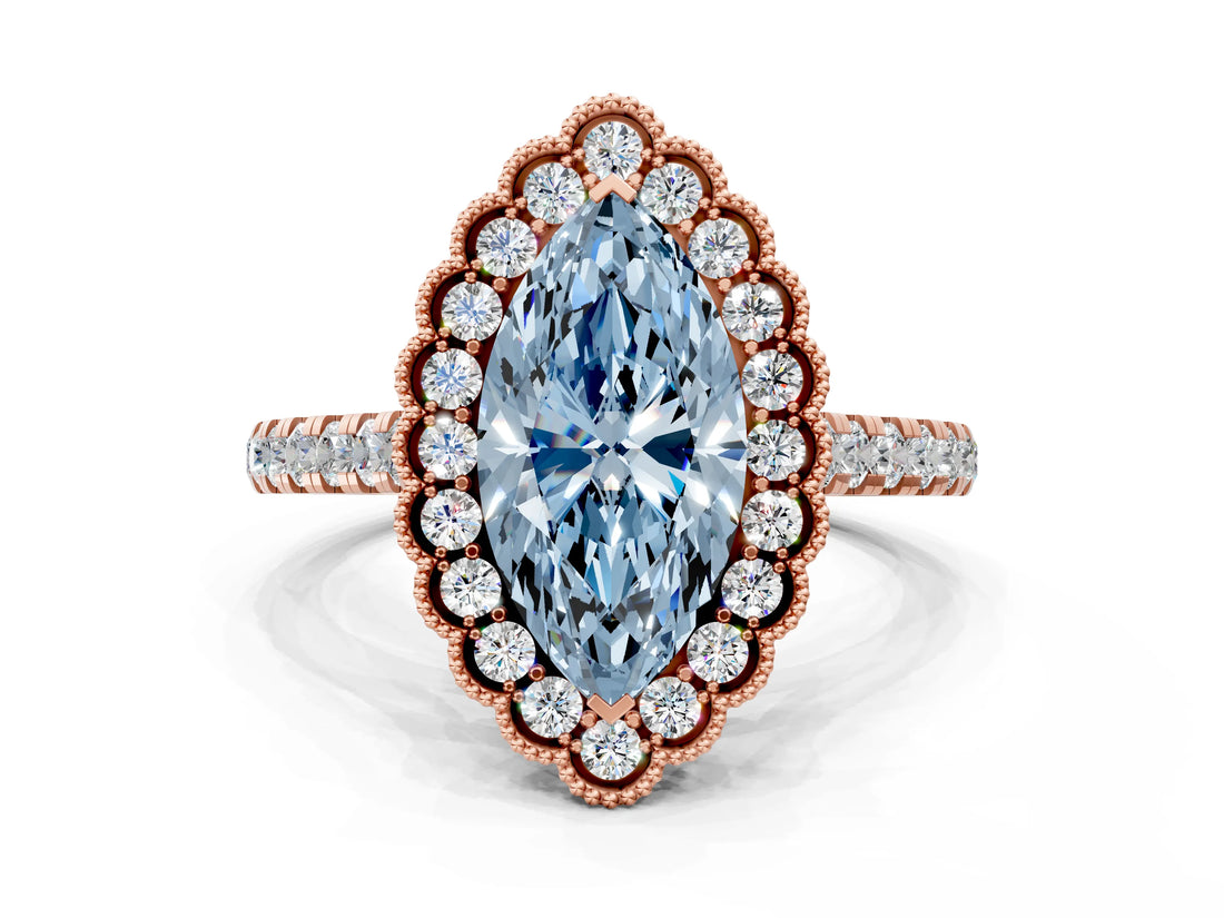 Rose gold Fancy Blue Marquise  Cut Diamond Milgrain Floral Halo Engagement Ring with Pavé Band_15