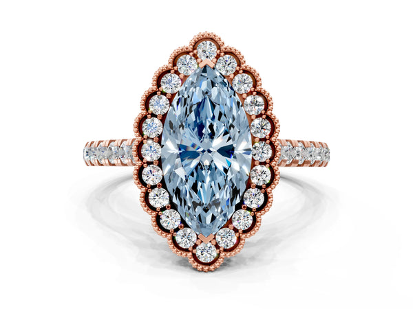 Rose gold Fancy Blue Marquise  Cut Diamond Milgrain Floral Halo Engagement Ring with Pavé Band