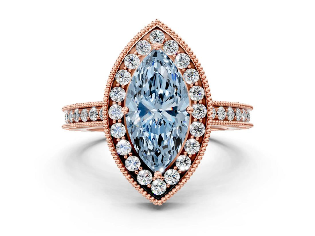 Rose gold Fancy Blue Marquise Cut Diamond Milgrain Halo Engagement Ring with Round Pavé Band and Prong Setting_12