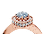 Rose gold Fancy Blue Marquise Cut Diamond Milgrain Halo Engagement Ring with Round Pavé Band and Prong Setting_16