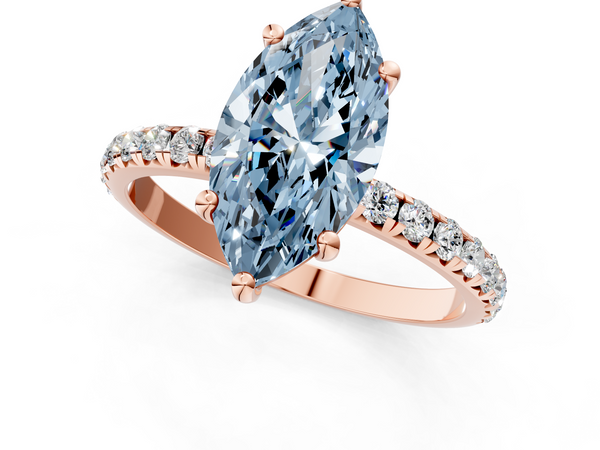 Rose gold Fancy Blue Marquise  Cut Diamond Solitaire Ring with Micro Pave Band and Four Prong Setting