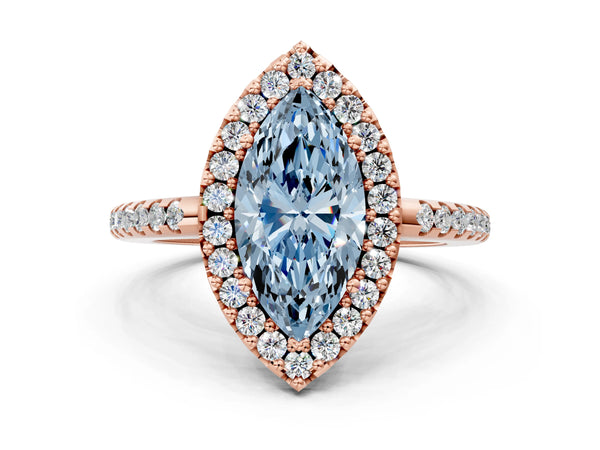 Rose gold Fancy Blue Marquise Cut Diamond Pavé Halo Ring with Four-Prong Setting